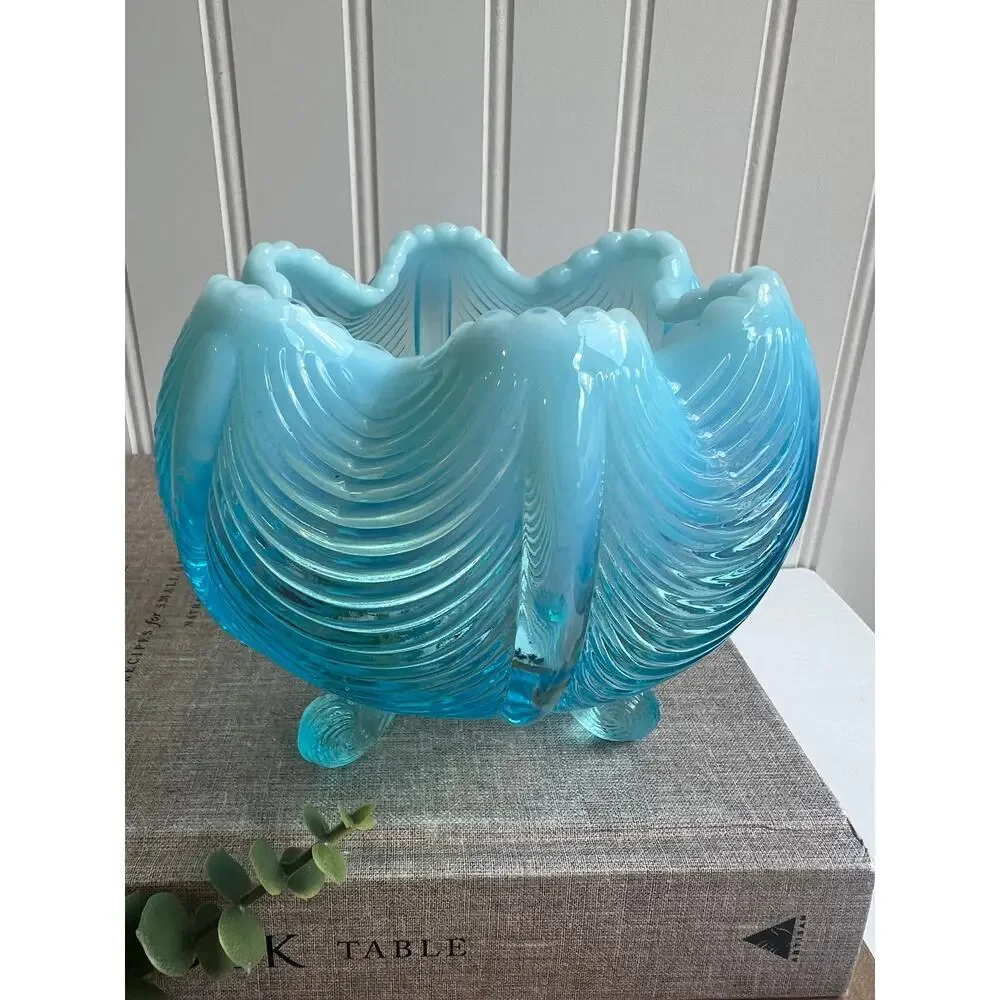 Fenton Blue Opalescent Glass Three Footed Rose Bowl Vase Drape Design